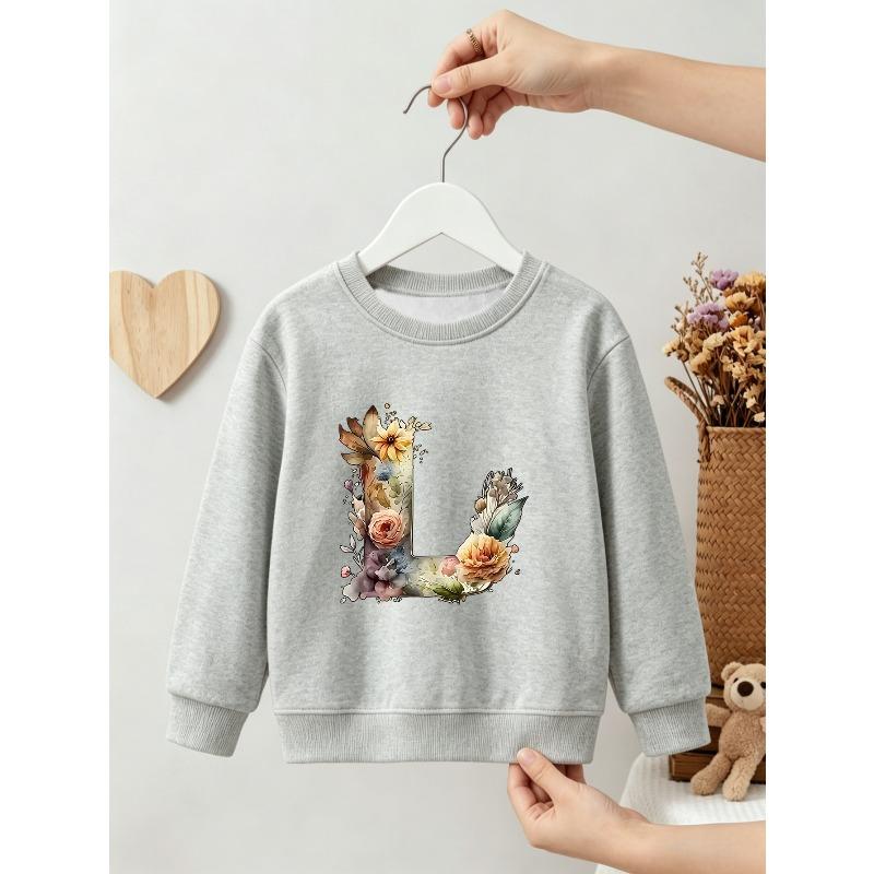 Kids Girls Crewneck Sweatshirt, Watercolor Floral Letter L Print Soft Pink Fleece Pullover