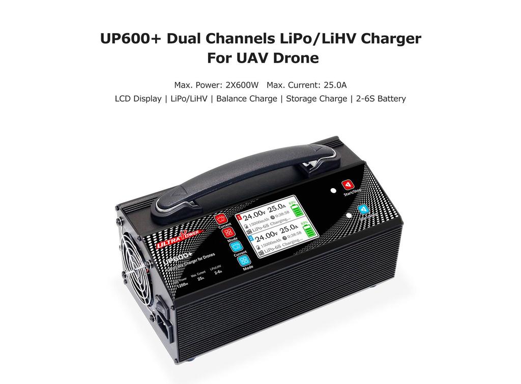 UP600+ Dual-Ladegerät 2×600W 25A für 2–6S UAV-Drohnenakkus – Schnelles und sicheres Laden mit intelligentem Ausgleich