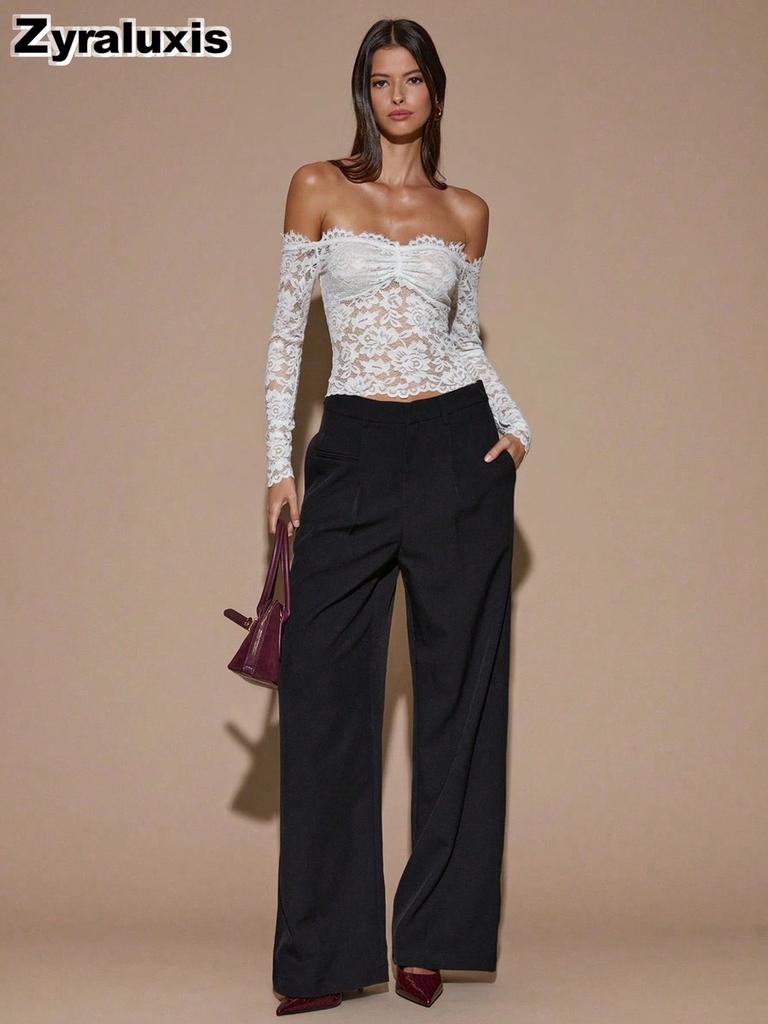 Neues Sommer Damen Weiß One-Shoulder Langarm Französisch Vintage Spitze Hemd Top