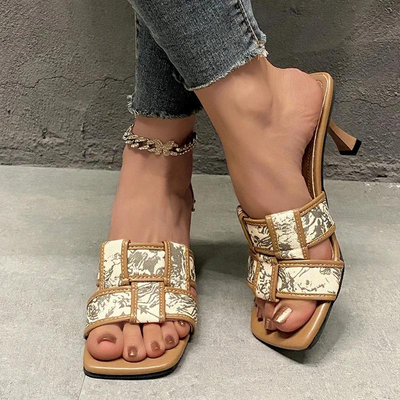 2024 New Brand Summer High Heel Women Slippers Fashion Square Toe Slip On Slides Ladies Elegant Party Dress Sandalias