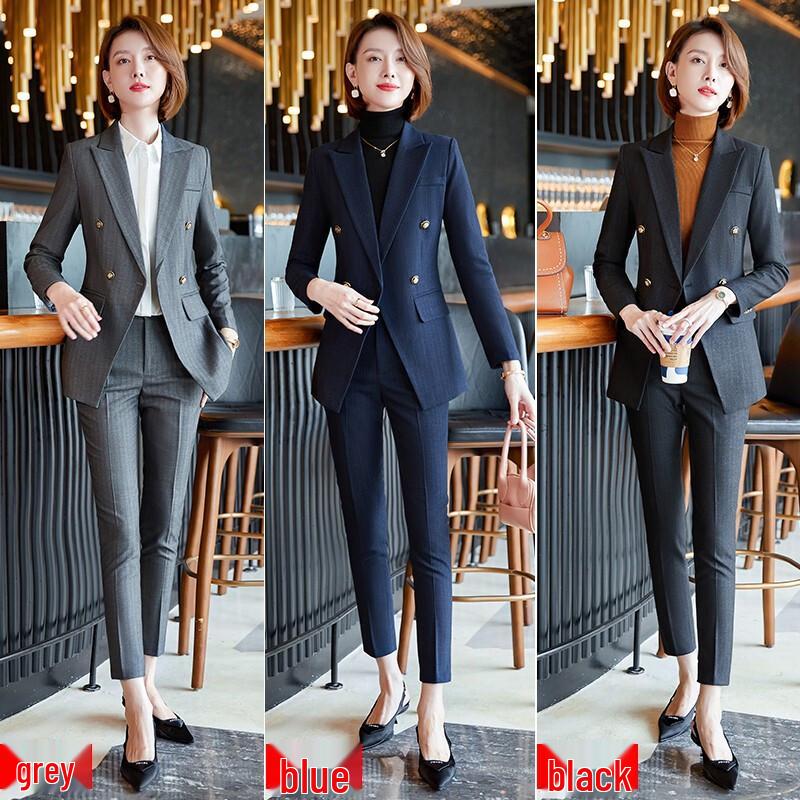 Teluoman Women's Navy Blue Buttoned Professional Suit Set