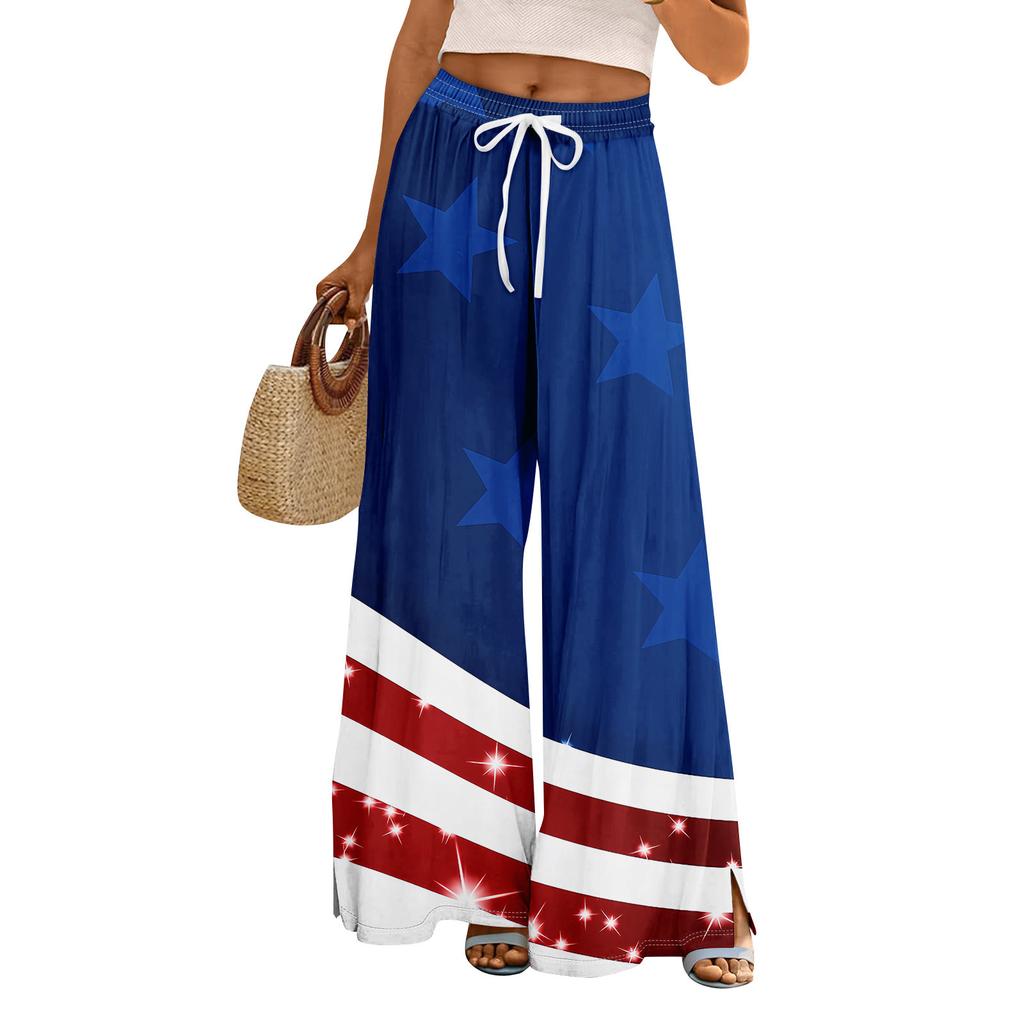 Damen Sommer Boho Palazzo Hose Hohe Taille Weites Bein Independence Printing Freizeithose mit Taschen