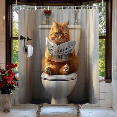 Lustiger Katzen-Duschvorhang Orange Katze auf der Toilette liest Zeitung Süßes Kätzchen Niedliches Haustier Badezimmervorhang Stoff Badezimmerzubehör