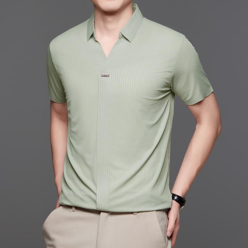 Premium Thin Short Sleeve V-Neck Casual Breathable Skin-Friendly Business Loose Polo Shirt Men'S Clothing