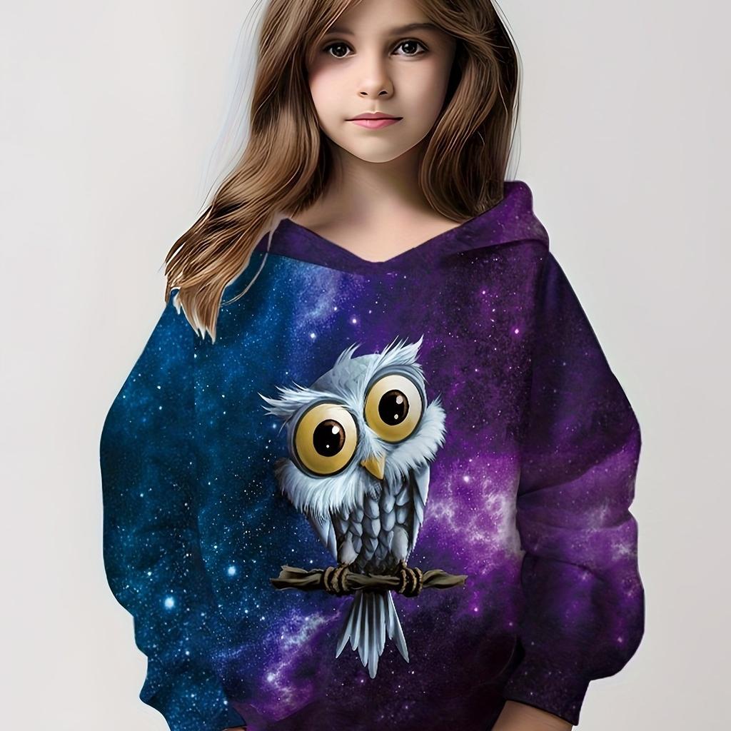 Girls Cartoon Owl Pattern Long Sleeve Hooded Sweatshirt 3D Hoodies For Spring And Autumn Outdoor Activities
