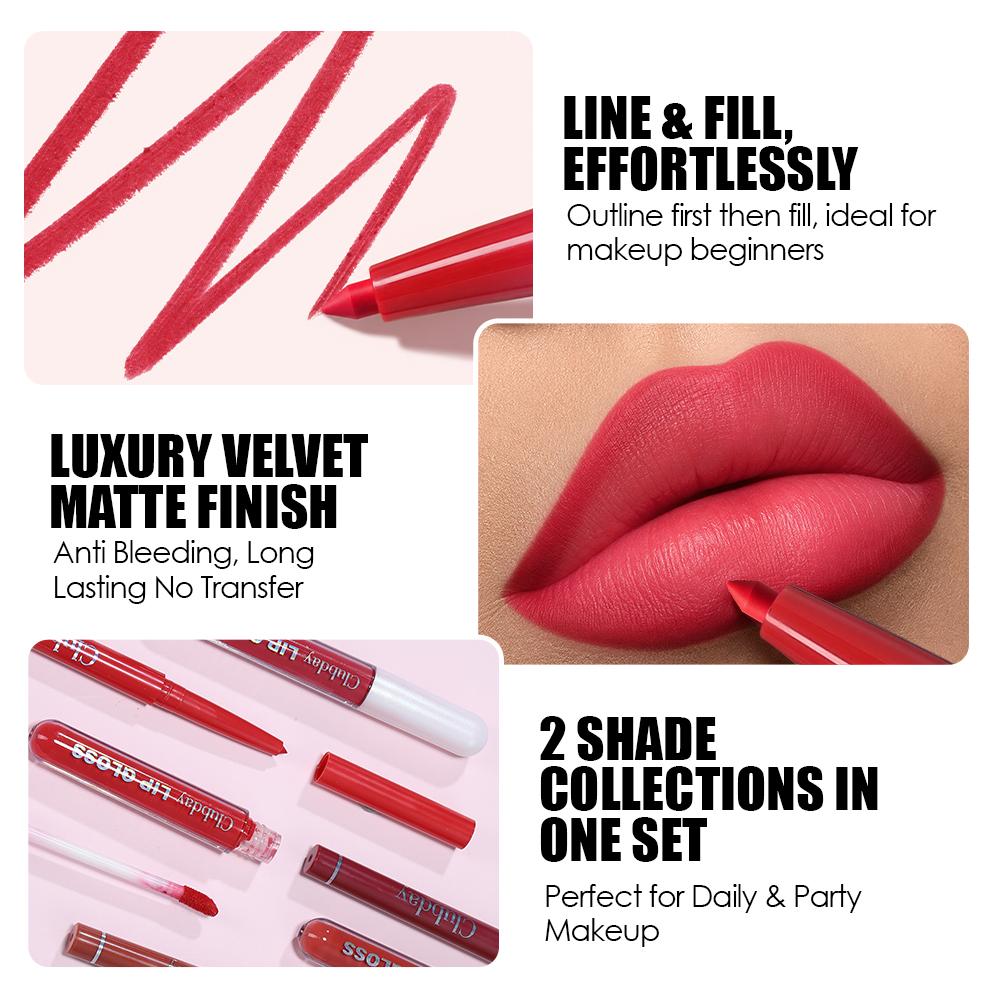 Clubday 6 Pcs Lip Liner and Liquid Lipstick Set, Smooth Matte Finish Long Lasting Lip Contouring Makeup Gift Box