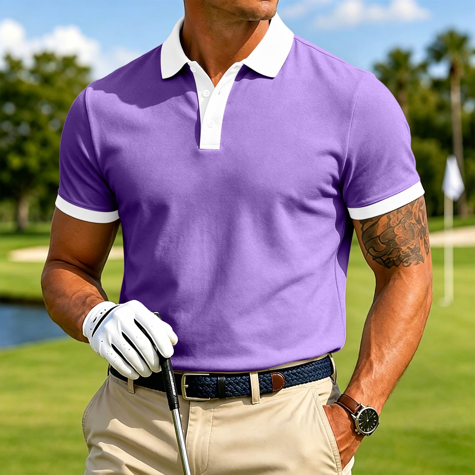 Herren Casual Poloshirt Kurzarm Leicht Atmungsaktiv Klassische Passform Mit Kragen Knopfleiste Sommer Oberteil XXXL violett