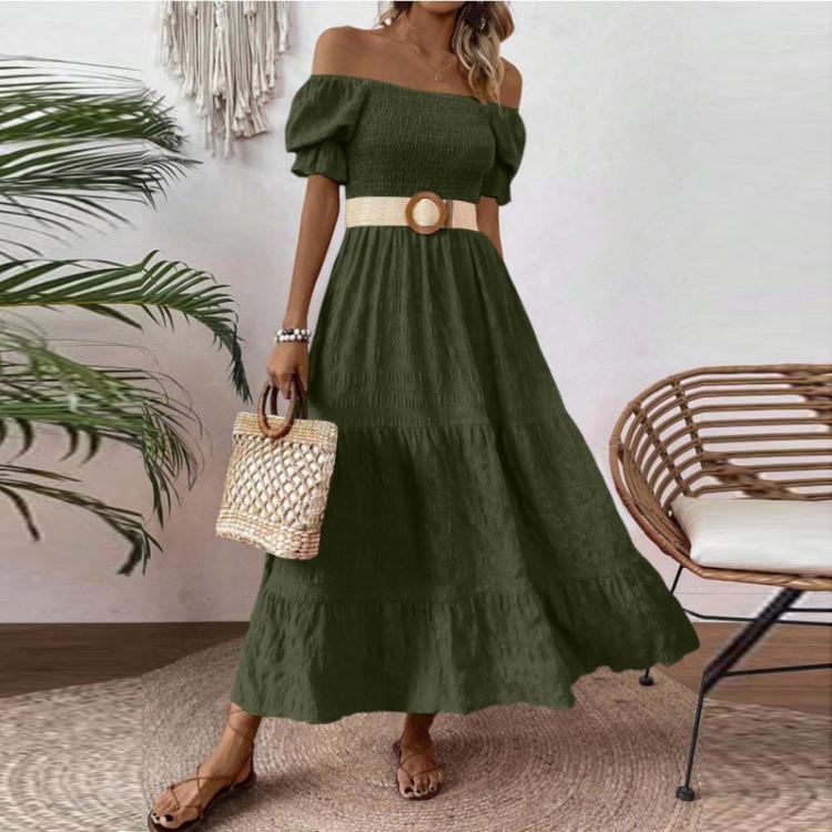 Women S Square Neck Puff Sleeve Maxi Dress Smocked Bodice Tiered Skirt with Pockets for Casual Wear