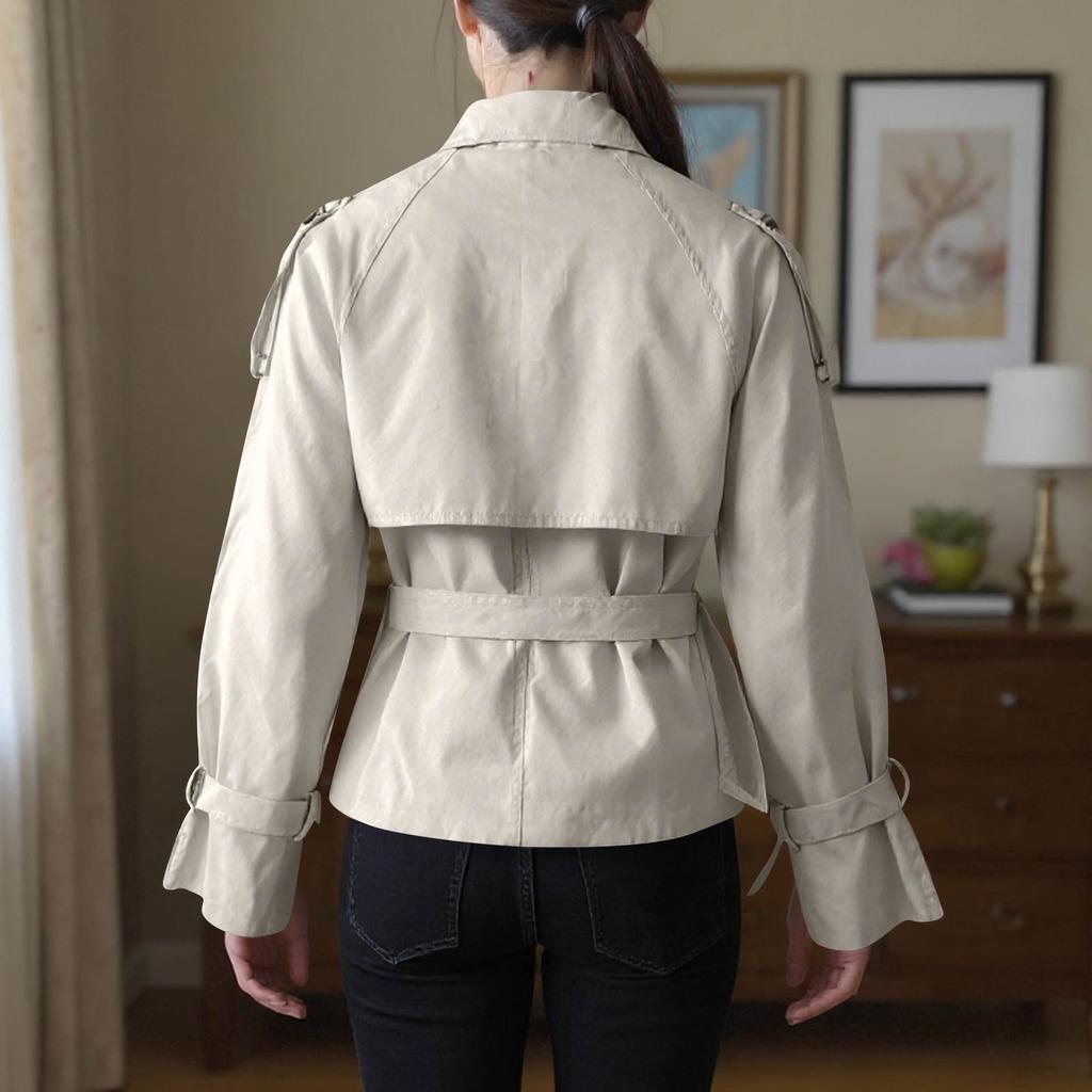Women's Fashion Stand Collar Double-Breasted Waist-Defining Belted Short Trench Coat