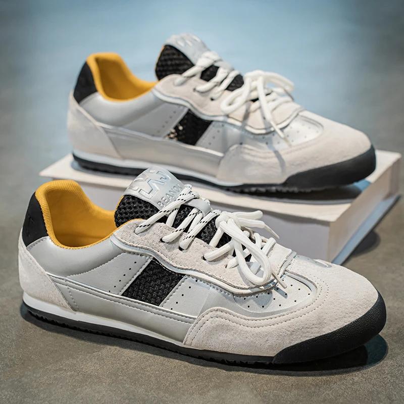 

New Men Casual Sport Shoes Leather Mesh Flat Skate Shoes Youth Fashion Lace-up Loafers 44 срібний