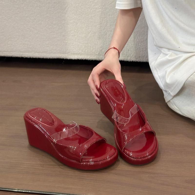 Transparent Word with Wedge Heel Sandals for Women's Summer Wear New Year's New Thick-soled Height-increasing and Thin Versatile Temperament Sandals