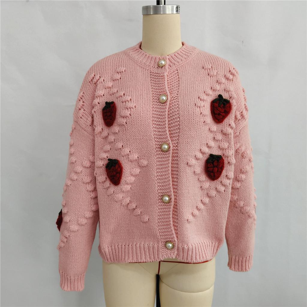 Autumn and winter hook flower embroidery three-dimensional strawberry Fried Dough Twists pearl button knitting sweater cardigan coat 3520 EMA