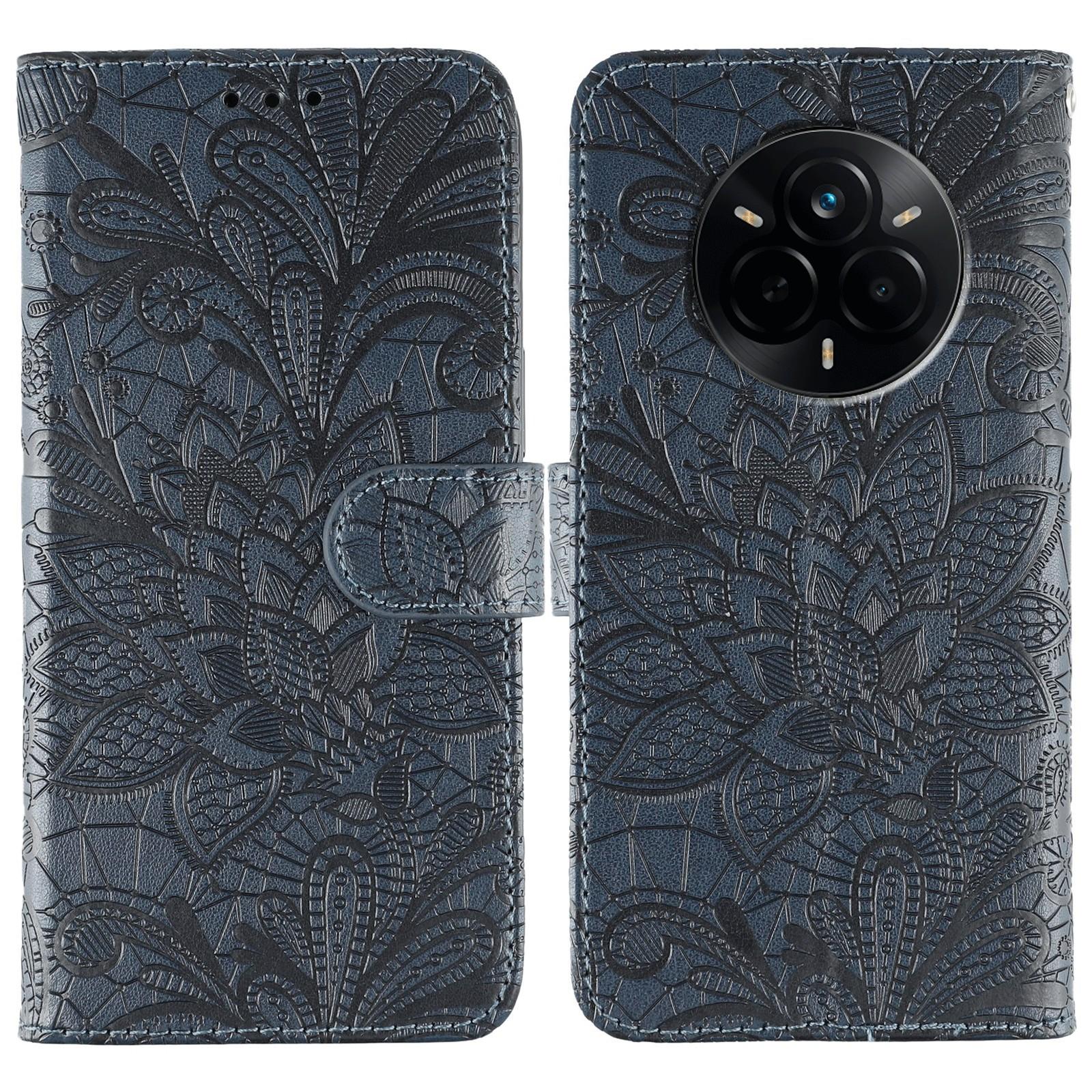 

For Realme 14 Pro 5G Case Lace Flowers PU Leather Flip Wallet Phone Cover Dark Blue