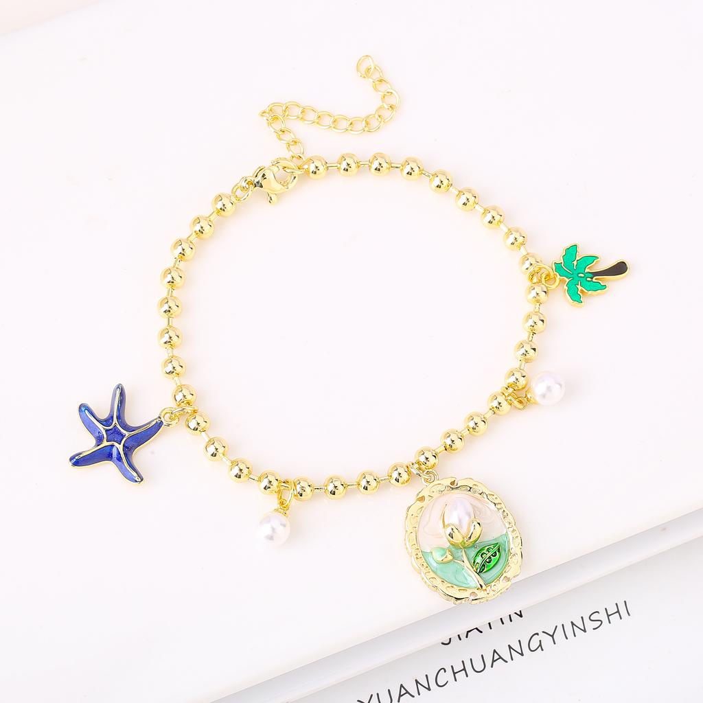 Gold-Plated Starfish Coconut Tree Flower Copper Bead Chain Bracelet Fashion for Women Girls Party Vacation Beach Jewelry Gift