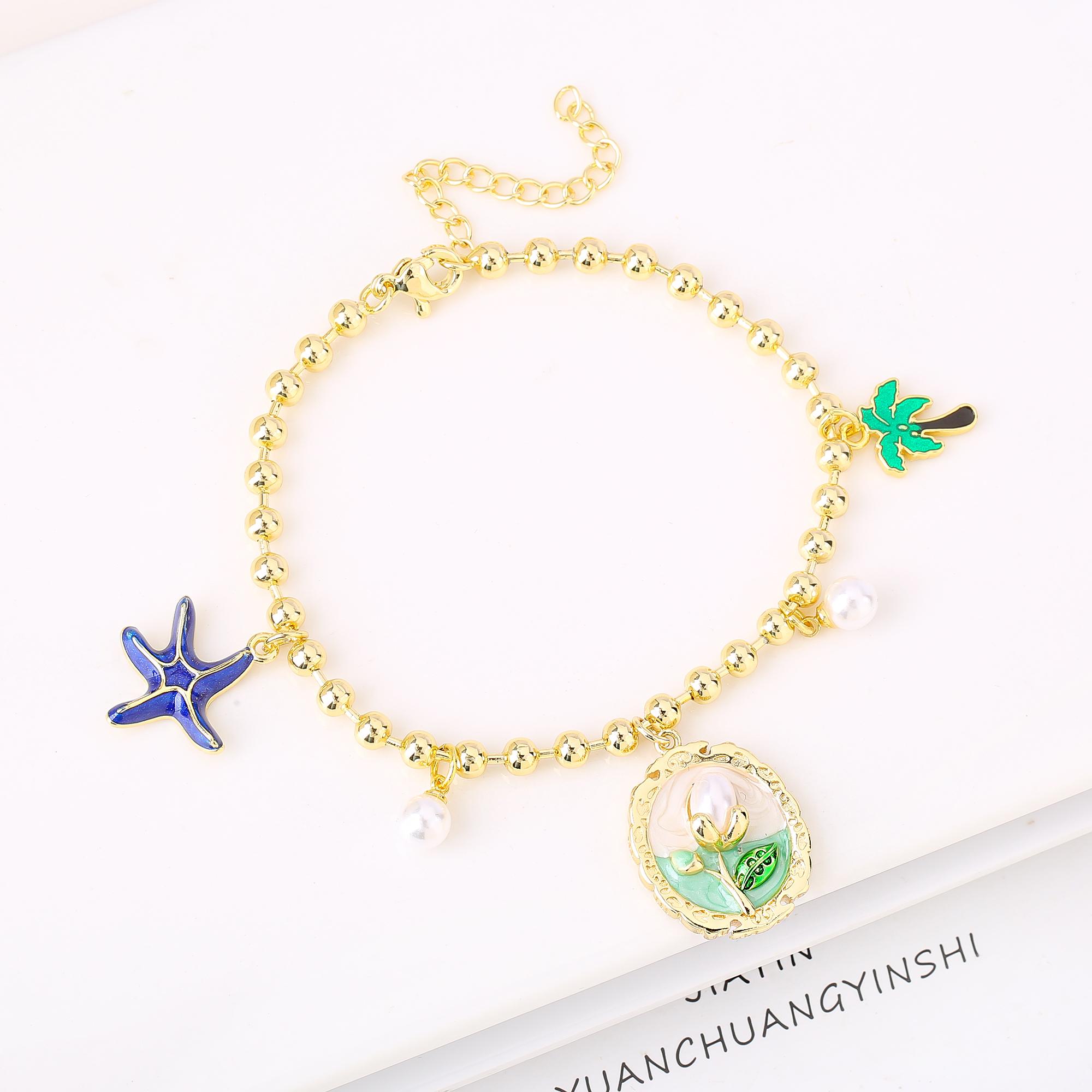 

Gold-Plated Starfish Coconut Tree Flower Copper Bead Chain Bracelet Fashion for Women Girls Party Vacation Beach Zircon Gift