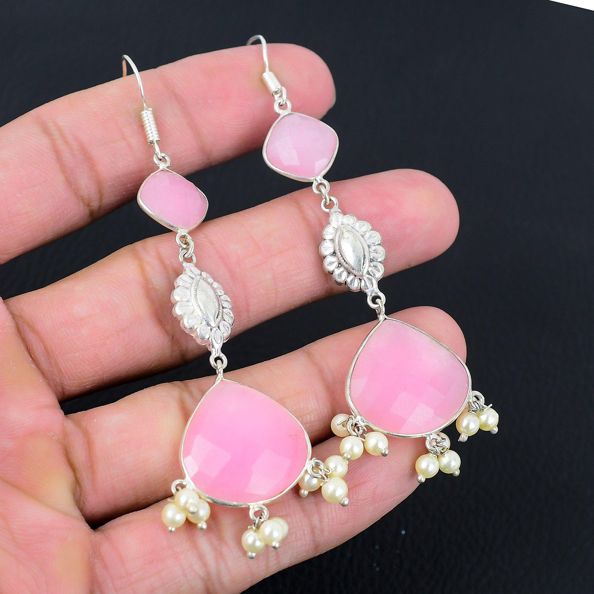 

Natural Pink Chalcedony Gemstone 925 Silver Drop/Dangle Earrings For Women