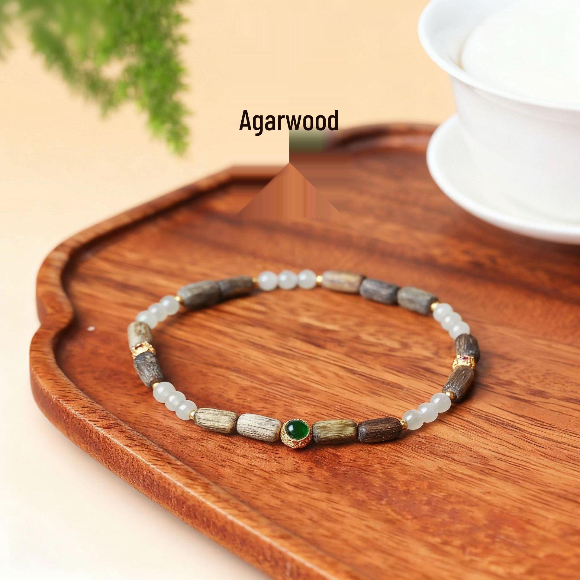 

Chinese Elegance: Agarwood & Jade Gemstone Beaded Bracelet with Emerald Accents