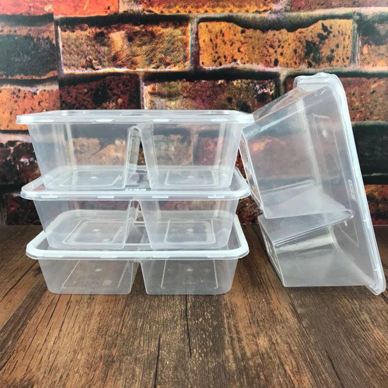 2 Compartment Disposable Food Container with Lid Transparent Plastic Lunch Box Takeaway Meal Box