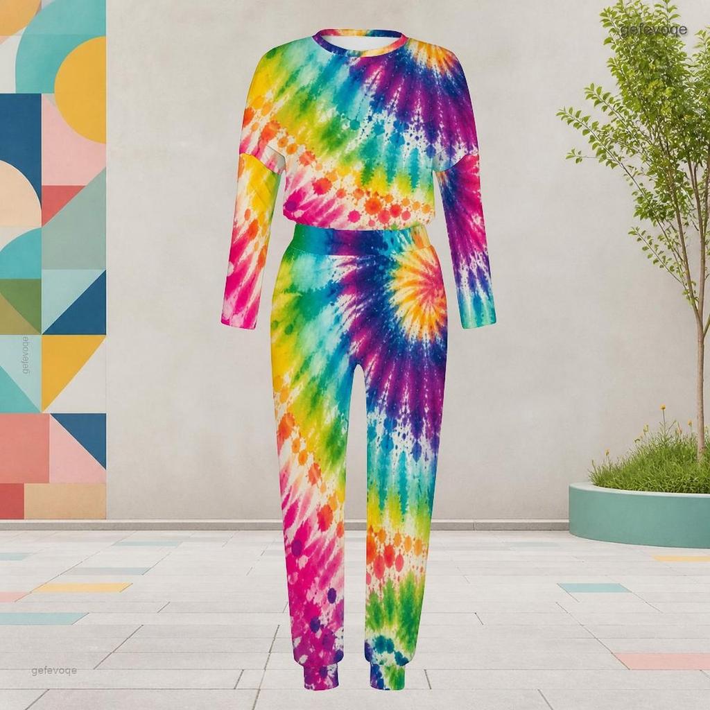 Damen Übergröße Tie-Dye-Print Rundhals Langarm Bündchen Zweiteiliges Hosen-Set Mit Taschen