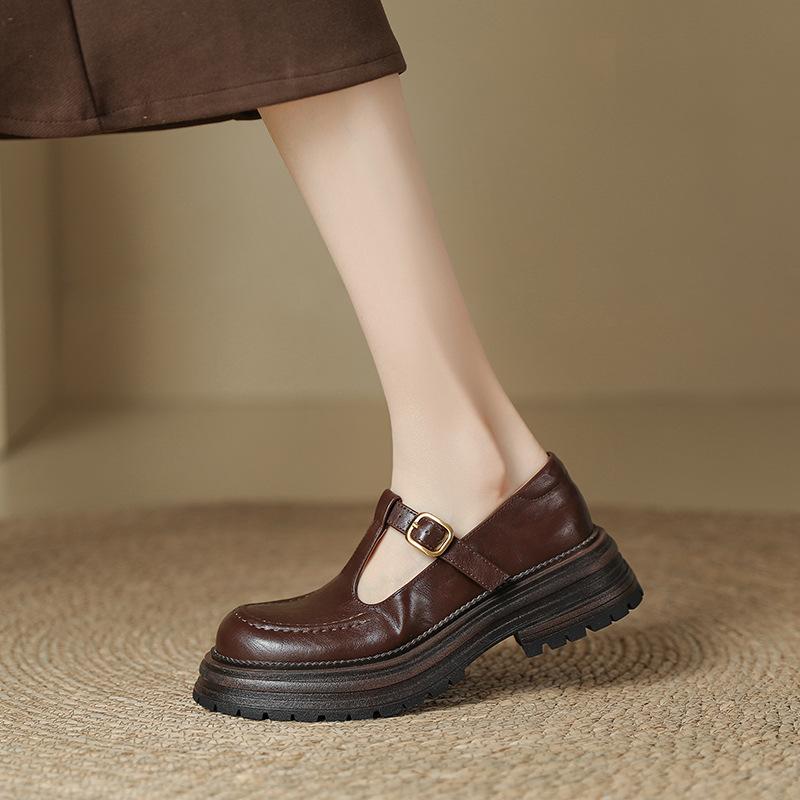 Thick-soled British Small Leather Shoes Women's Retro Word with Thick Heel Round Head One-pedal Loafers Shallow Mouth Mary Jane Single Shoes