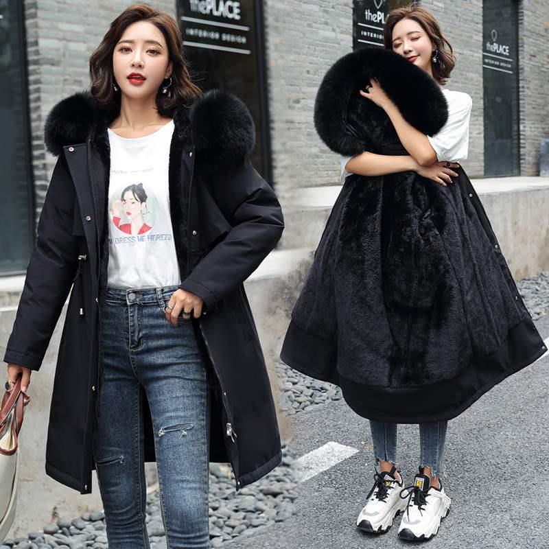 Parka da donna con fodera in lana pelosa, cappuccio, giacca invernale con collo in pelliccia, spessa fodera in peluche, cappotto in cotone caldo imbottito da neve