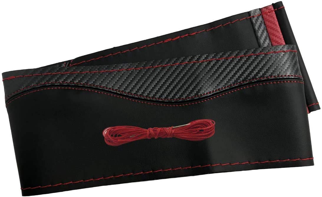 

Плетеный руль из натуральной кожи для обычных и малолитражных автомобилей и красная накладка, карбон, (36см/37см/Размер S) (черная строчка)