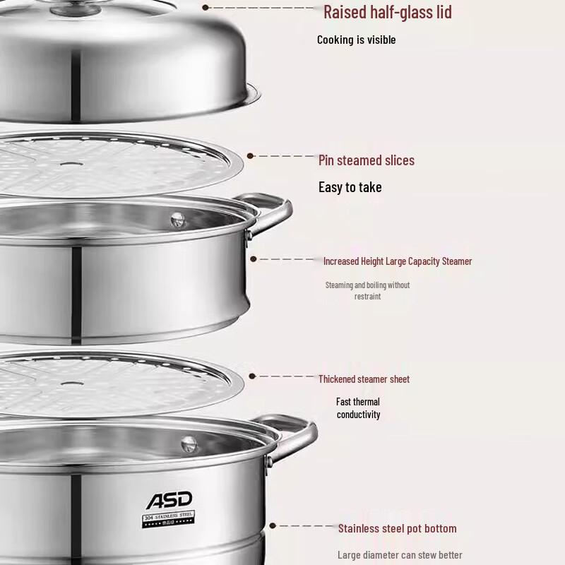 ASD 28cm 3-Layer 304 Stainless Steel Steamer Pot
