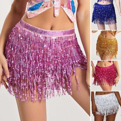 Women Belly Dance Skirt Chain Tassel Sequin 3-layer Lace-up Bohemian Clubwear Performance