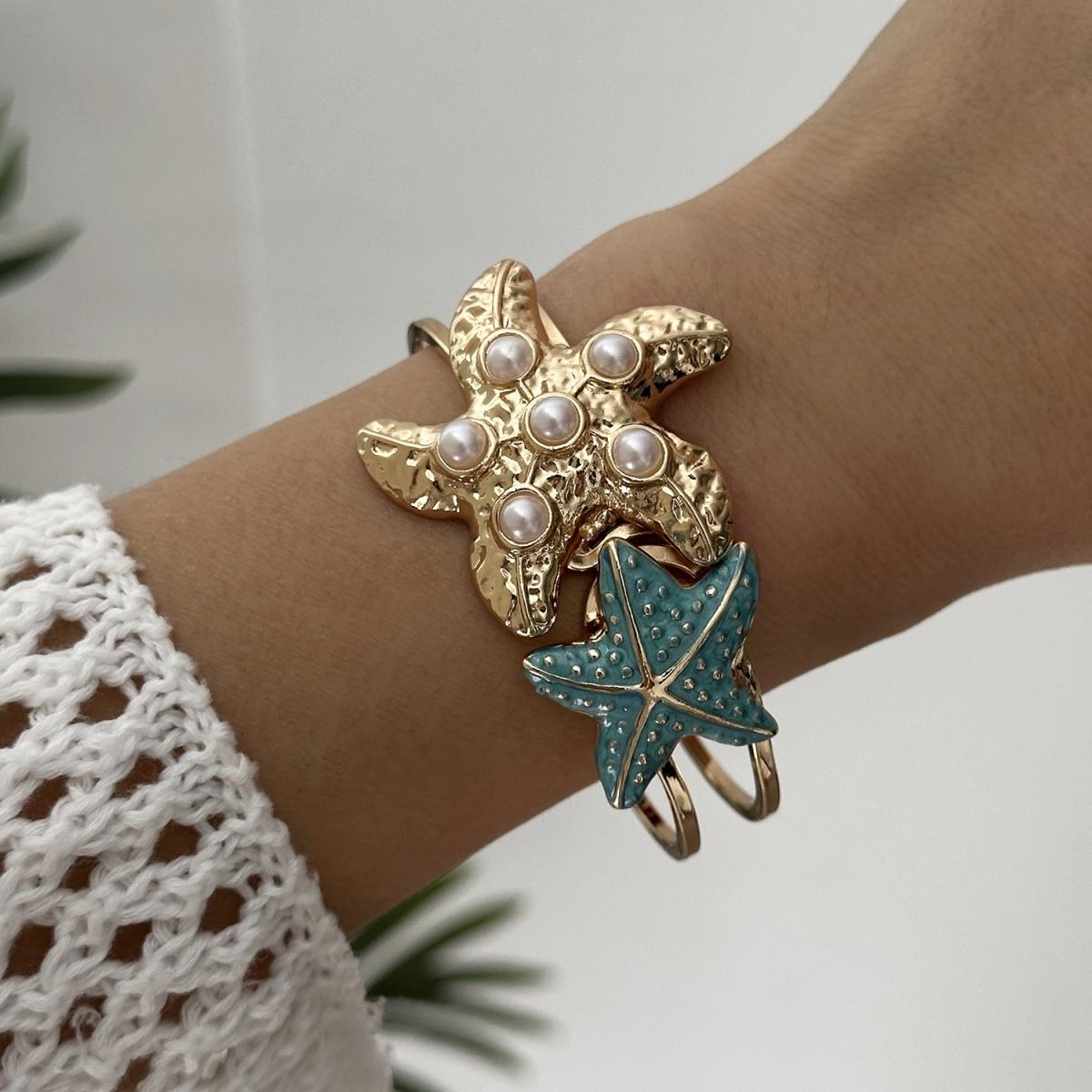 

Summer Beach Imitation Pearl Colorful Starfish Bracelets For Women Men Trendy Vacation Sea Star Open Cuff Bangle Seaside Jewelry