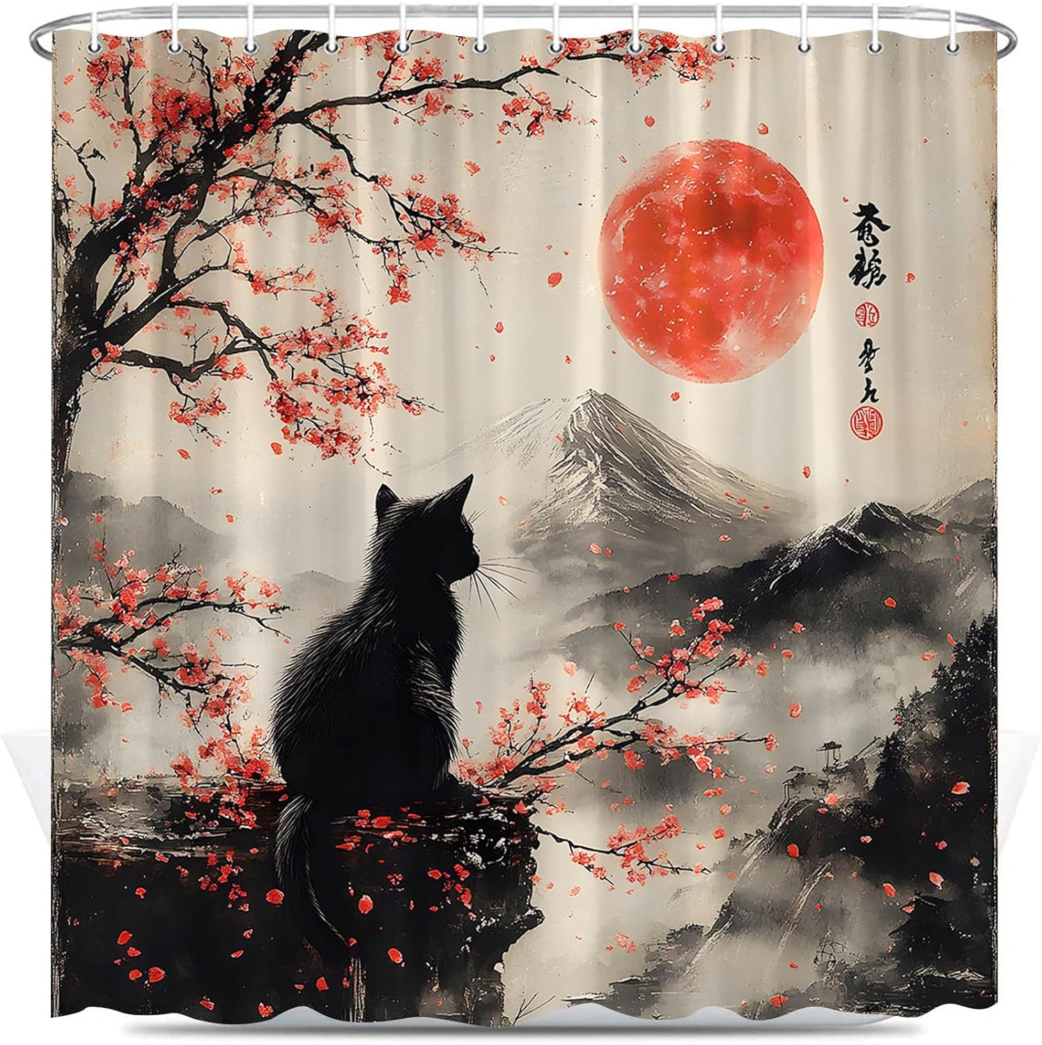 Japanese Cat Shower Curtain Vintage Floral Red Plum Blossom Cherry Blossom Black Cat Asian Rustic Mountain Traditional Bathroom 90x180CM