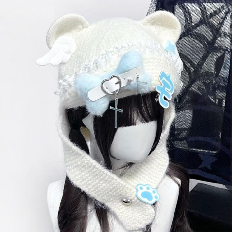 Warm Blue Bear Hat with Ear Furry Caps Cartoon Ear Hat Solid Color Wing Winter Plush Hat for Casual Wear