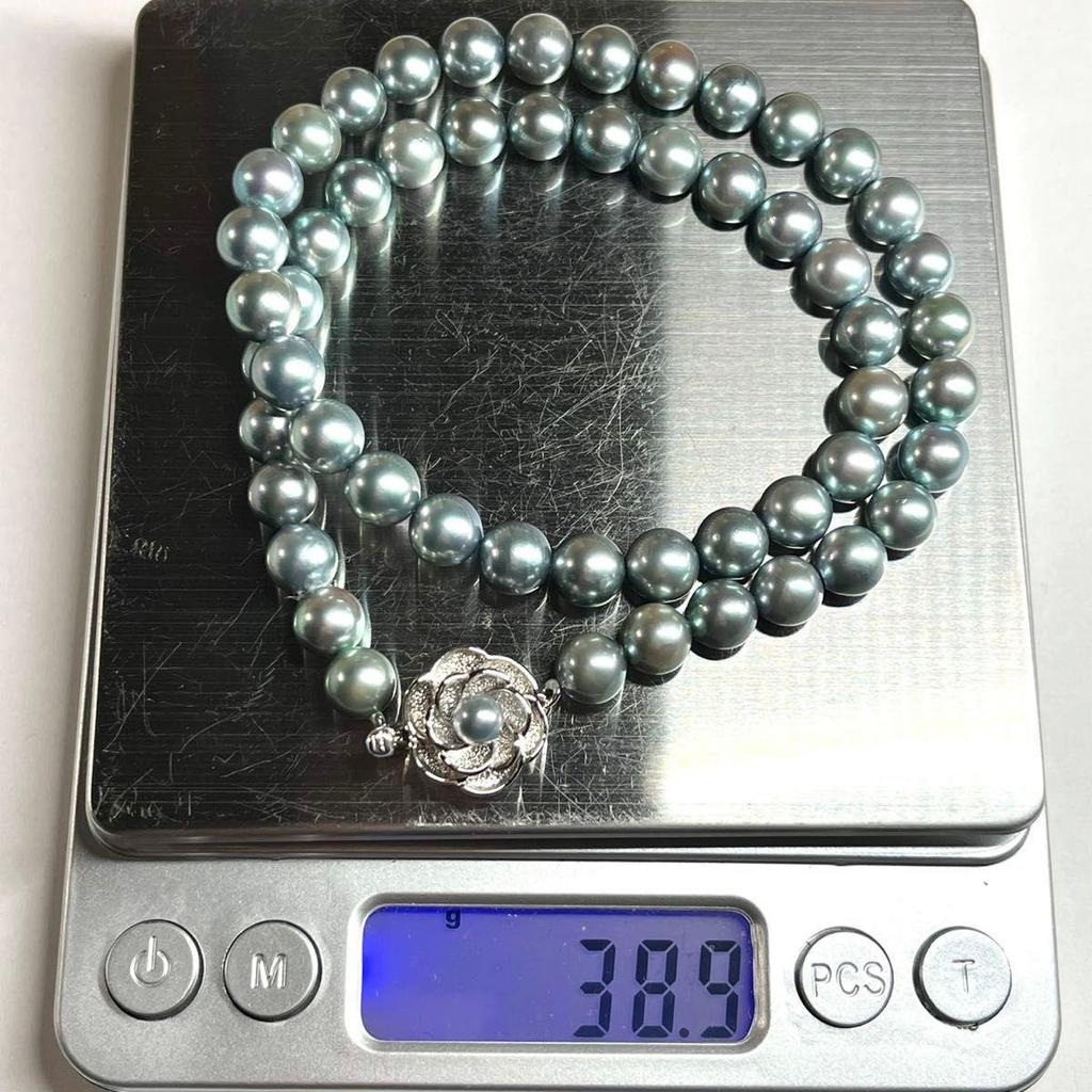 Used Strong Akoya Pearl Necklace 7.5-8.0mm Cobalt Blue Silver Engraved Pearl Necklace