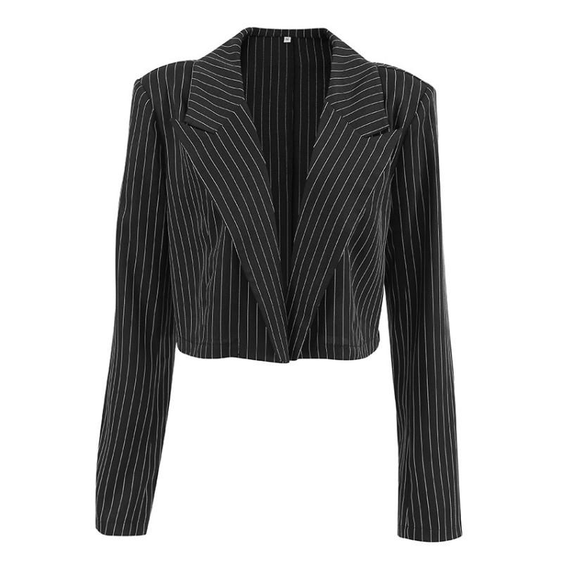 2027 Vintage French Striped Blazer Women Black Short Lapel Office Commuter Jacket