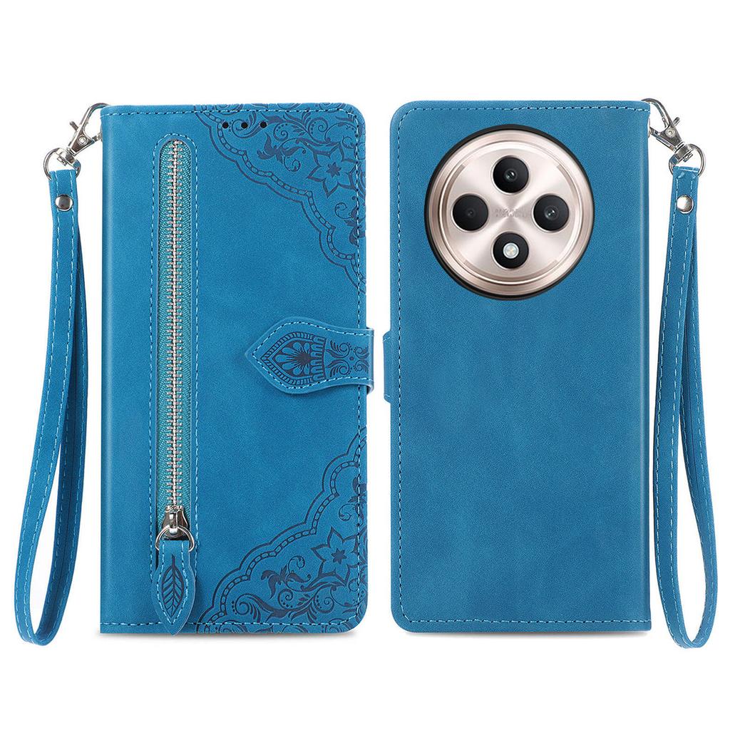 For Oppo Reno12 F 5G Zipper Wallet Case with Strap Flower Imprint PU Leather Phone Cover