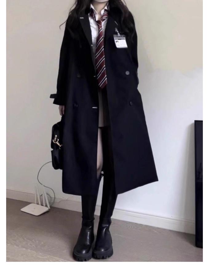 Women's Black Mid-Length Trench Coat - 2023 Spring/Autumn, School Uniform JK Korean Style, Petite Fit.