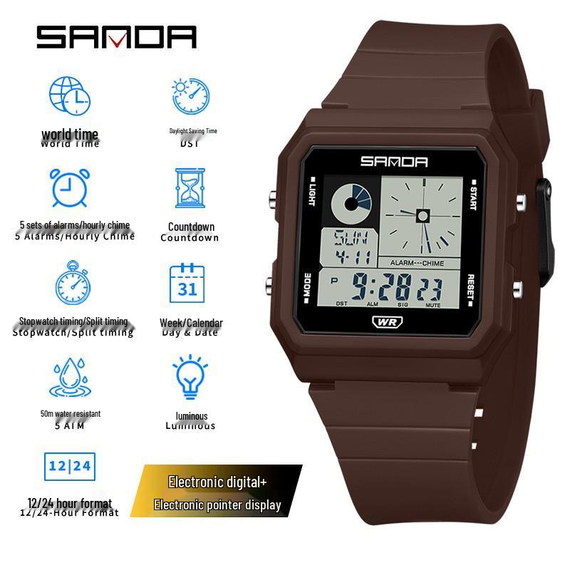 Sanda Multifunctional Waterproof Luminous Electronic Watch with World Time & Alarm - Ideal for Students