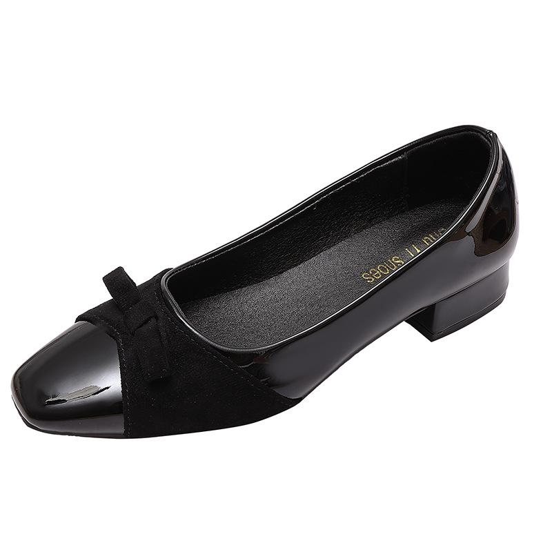 2025 summer new square head fashion bow middle heel single shoes with skirt temperament French splicing professional single shoes women