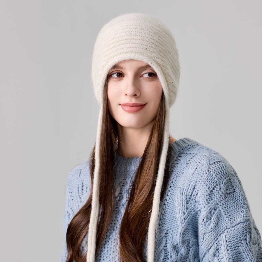 Strap ear protectors knitted hat for women, thickened warm bag head wool hat in autumn and winter, retro pullover cold hat