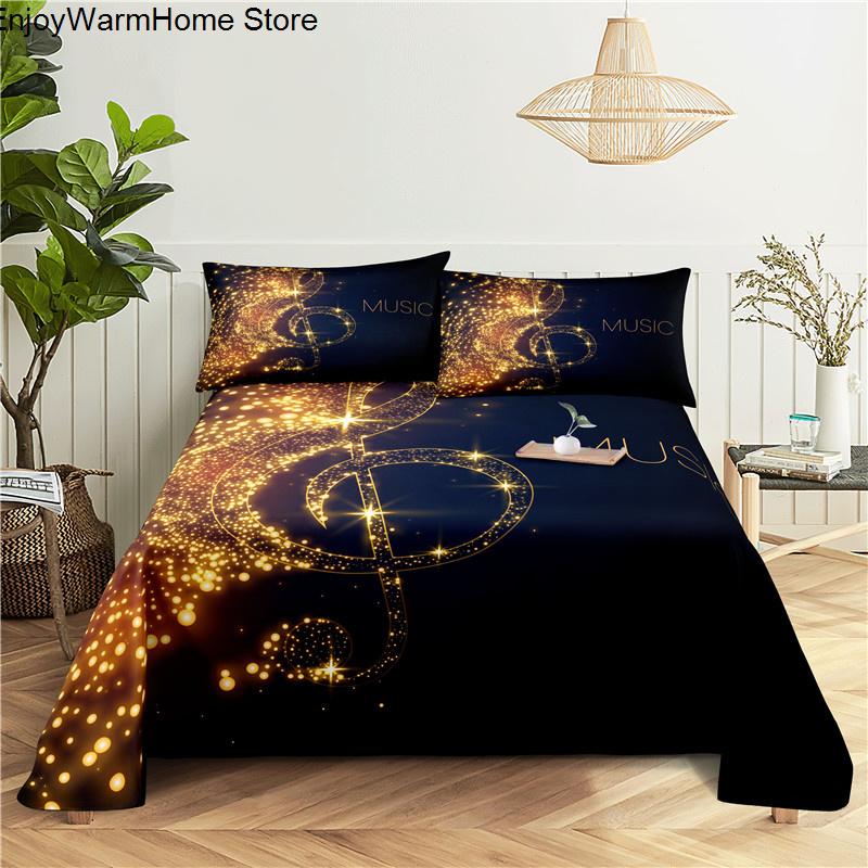 fashion Music Sheet Set Piano Keyboard Music Note Printed Bed Flat Sheet With Pillowcase Polyester Bedding