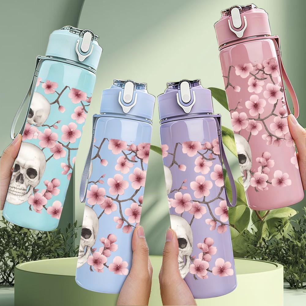 1PC Skull Cherry Blossom Floral Print 750ml Color Plastic Sports Water Bottle Leakproof Flip Straw Lid Suitable for Sports Office Home Use