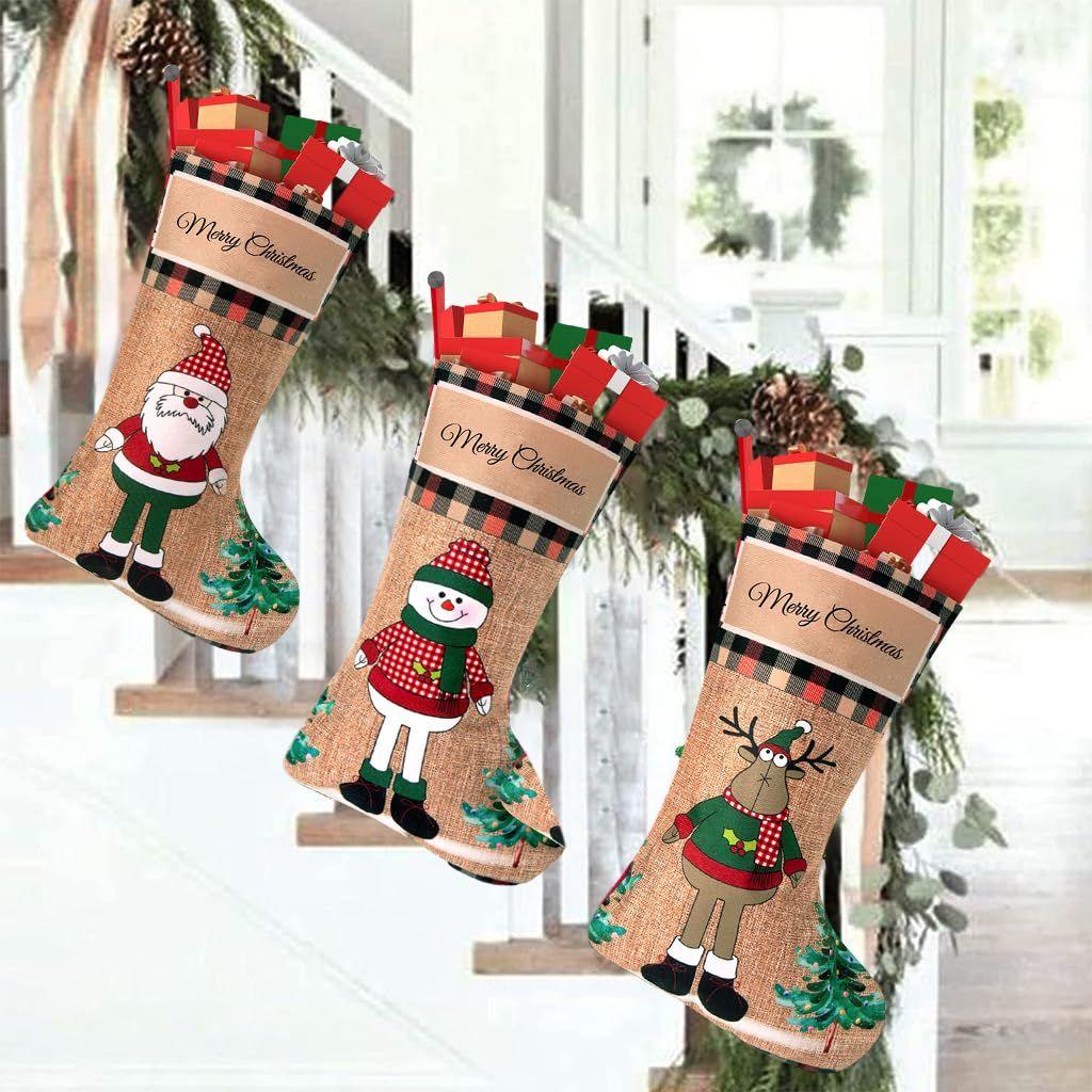 3pcs Christmas Stocking 16 Inch Linen Print Christmas Gift Stocking Hanging Christmas Stockings Gift Christmas Stocking Christmas Stocking for Window