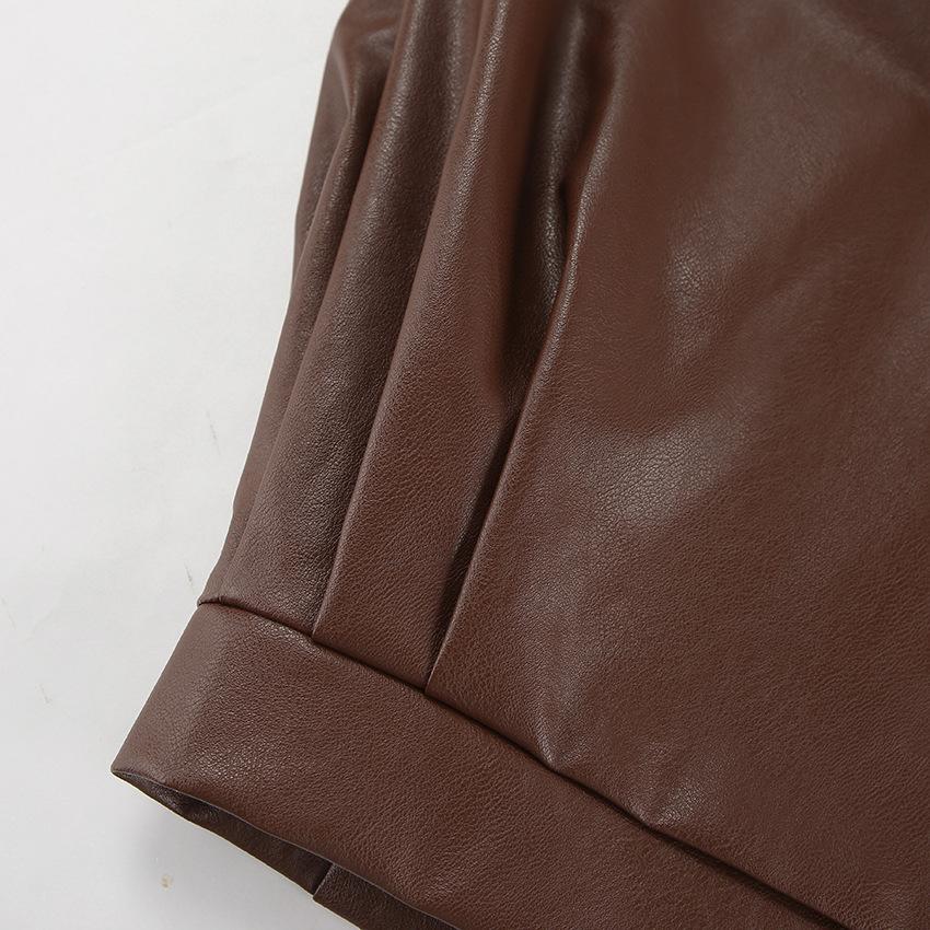 Casual Leather Jackets Women Loose V Neck Double Breasted Fashion Coats Female Autumn Winter Long Sleeves PU Outwears Lady