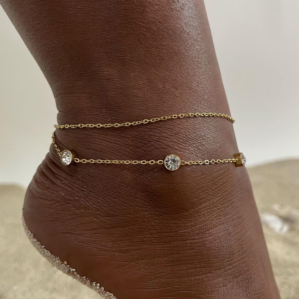 18k Gold Plated Stainless Steel Layered Chain With Beaded  Anklet Bracelet On Leg  for Women