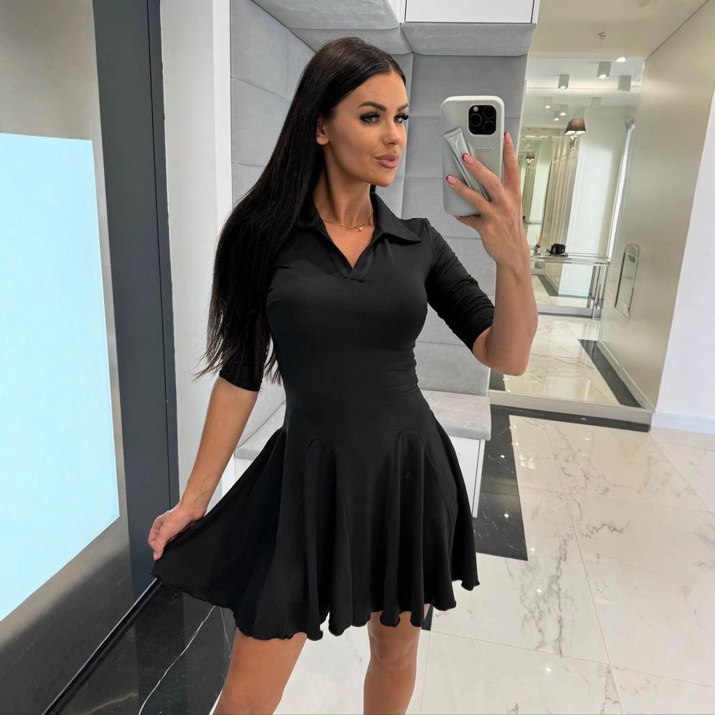 2025 Spring/Summer Women's Solid Color Waist-Cinching Long-Sleeve Turn-Down Collar Dress