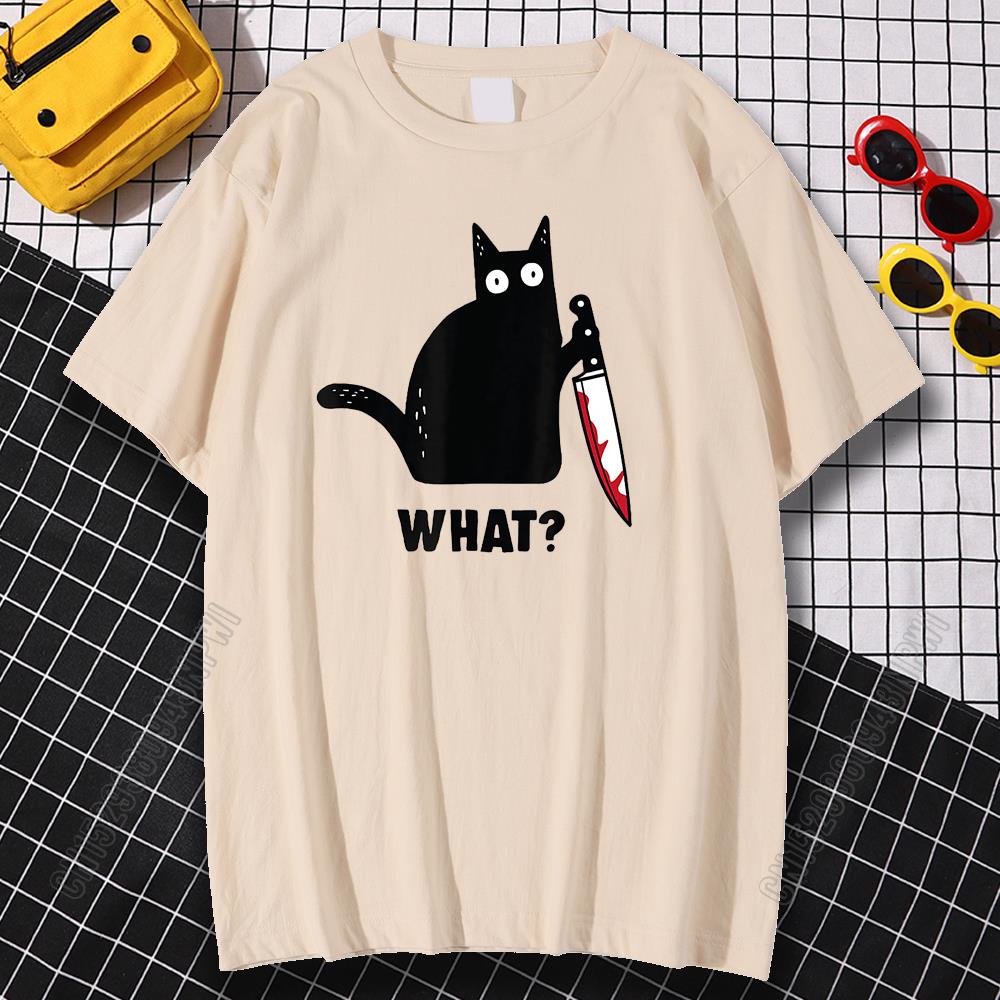 Cat What T Shirt Murderous Cat With Knife Funny Halloween Gift Cotton High Quality Men's Oversized Novelty T-Shirt Women Tee