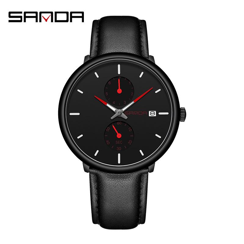 SANDA Men's 3D Leather Strap Waterproof Quartz Mesh Wristwatch - Fashionable & Trendy Calendar Design