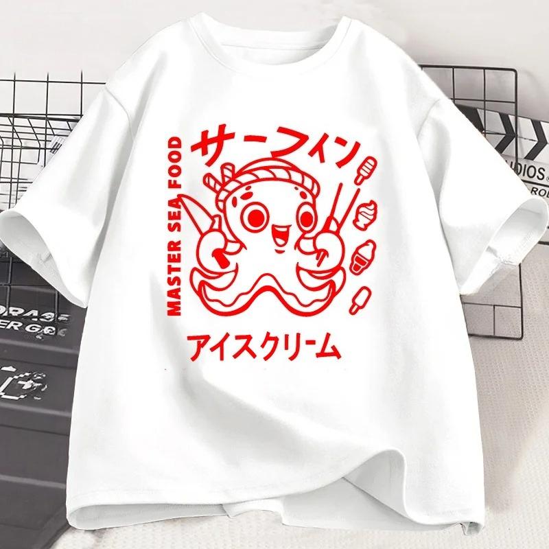 Japanese Octopus Graphic Print T Shirt Funny Y2k Vintage T-shirt for Women Soft Short Sleeve Unisex Casual Tops Women Clothing
