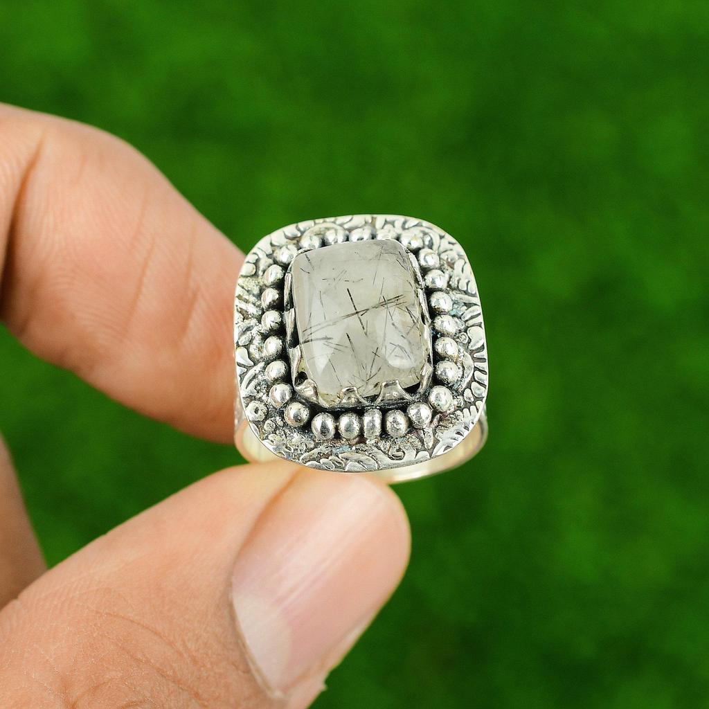 925 Sterling Silver Natural Black Rutile Solitaire Bezel Ring Jewelry Size 7.75