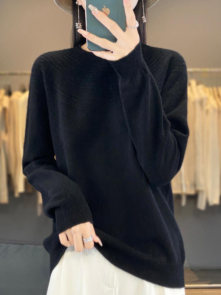 Autumn/Winter Women's Loose Knit Pullover: Long Sleeve, Rolled Hem, Round Neck Base Layer.