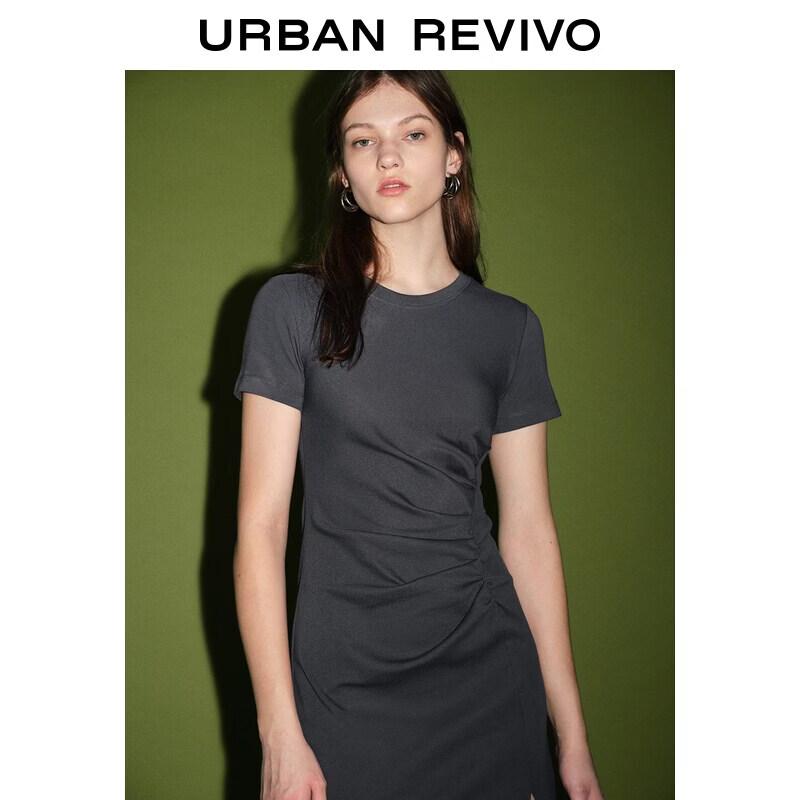UR 2026 Women's Pleated Slit Round Neck Slim Dress
